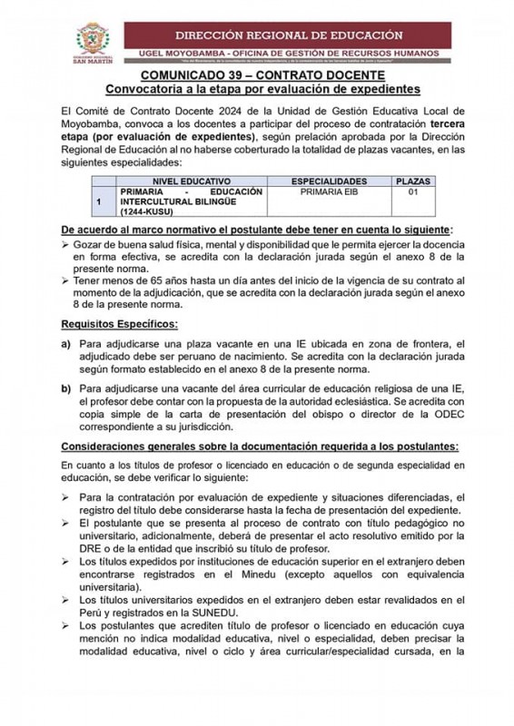 📌COMUNICADO 39 – CONTRATO DOCENTE Convocatoria a la etapa por evaluación de expedientes.