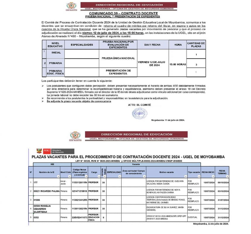 📌COMUNICADO 39 – CONTRATO DOCENTEPRUEBA NACIONAL Y PRESENTACIÓN DE EXPEDIENTES