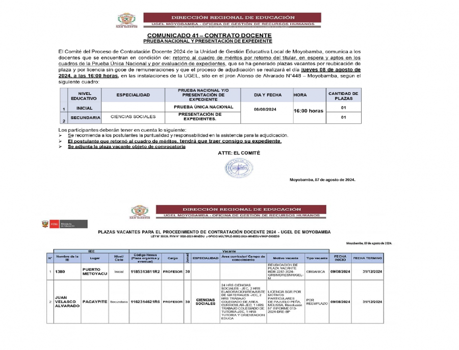 📌COMUNICADO 41– CONTRATO DOCENTEPRUEBA NACIONAL Y PRESENTACIÓN DE EXPEDIENTE.