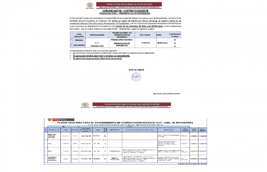 📌COMUNICADO 50– CONTRATO DOCENTEPRUEBA NACIONAL – PRESENTACIÓN DE EXPEDIENTES