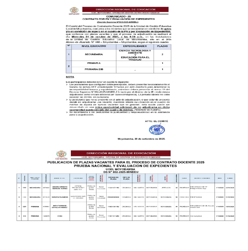 📌COMUNICADO - 55  CONTRATO POR PN Y EVALUACI&Oacute;N DE EXPEDIENTES