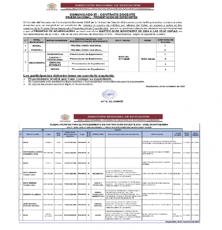 📌COMUNICADO 57– CONTRATO DOCENTEPRUEBA NACIONAL – PRESENTACIÓN DE EXPEDIENTES