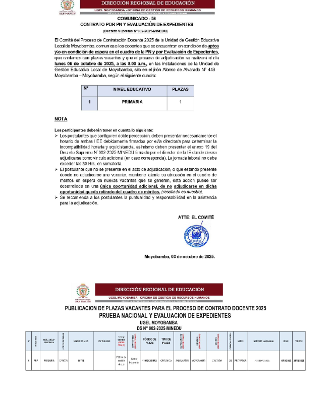 📌COMUNICADO - 58 CONTRATO POR PN Y EVALUACI&Oacute;N DE EXPEDIENTES