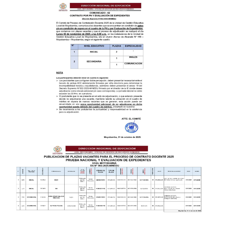 📌COMUNICADO - 62 CONTRATO POR PN Y EVALUACI&Oacute;N DE EXPEDIENTES