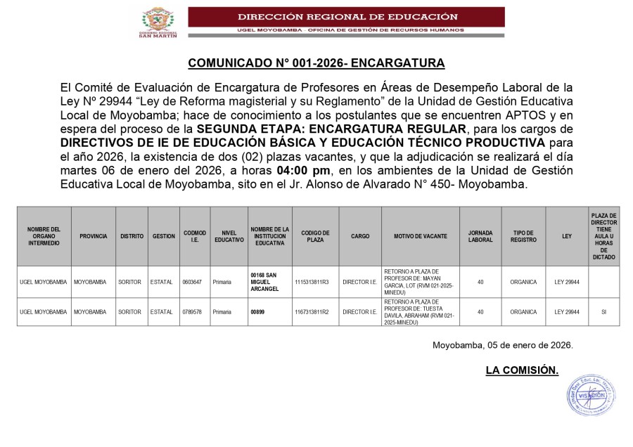📌COMUNICADO N&deg; 001-2026- ENCARGATURA. LINK DE DESCARGA: