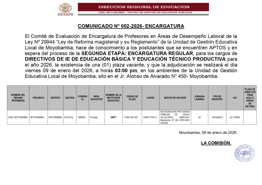 📌COMUNICADO N&deg; 002-2026- ENCARGATURA