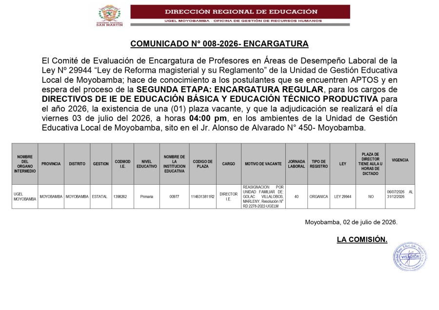 COMUNICADO N&deg; 008-2026- ENCARGATURA