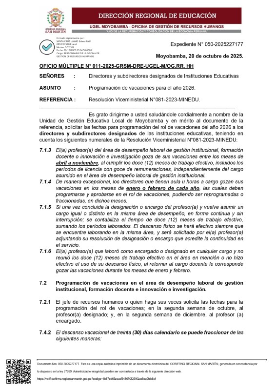 OFICIO A DIRECTORES DESIGNADOS - ROL DE PROGRAMACION DE VACACIONES PARA EL AÑO 2026