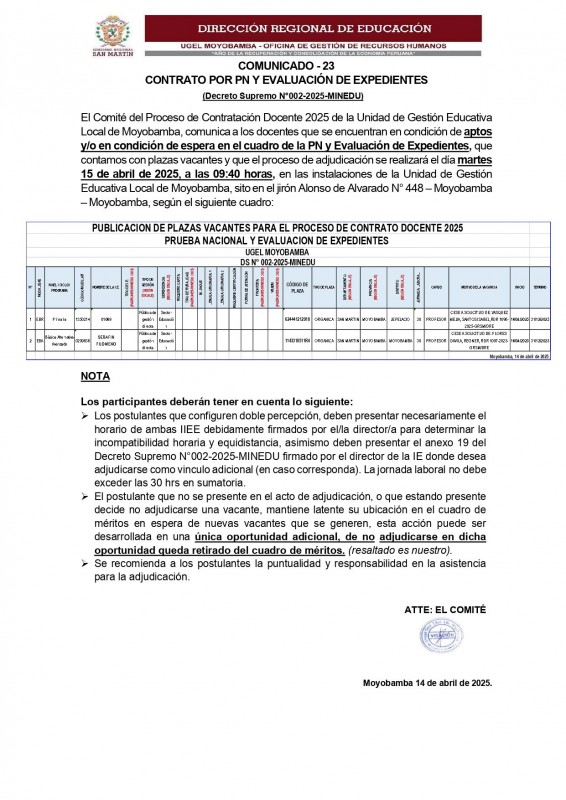 📍COMUNICADO - 23 CONTRATO POR PN Y EVALUACIÓN DE EXPEDIENTES.