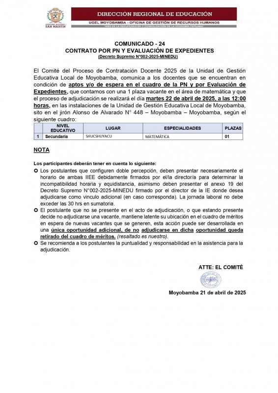 📌COMUNICADO - 24  CONTRATO POR PN Y EVALUACIÓN DE EXPEDIENTES  (Decreto Supremo N°002-2025-MINEDU)