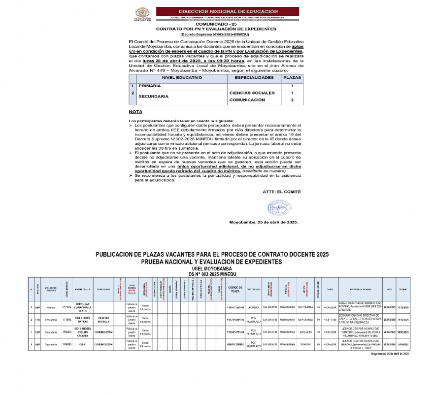 📌COMUNICADO - 25 CONTRATO POR PN Y EVALUACIÓN DE EXPEDIENTES