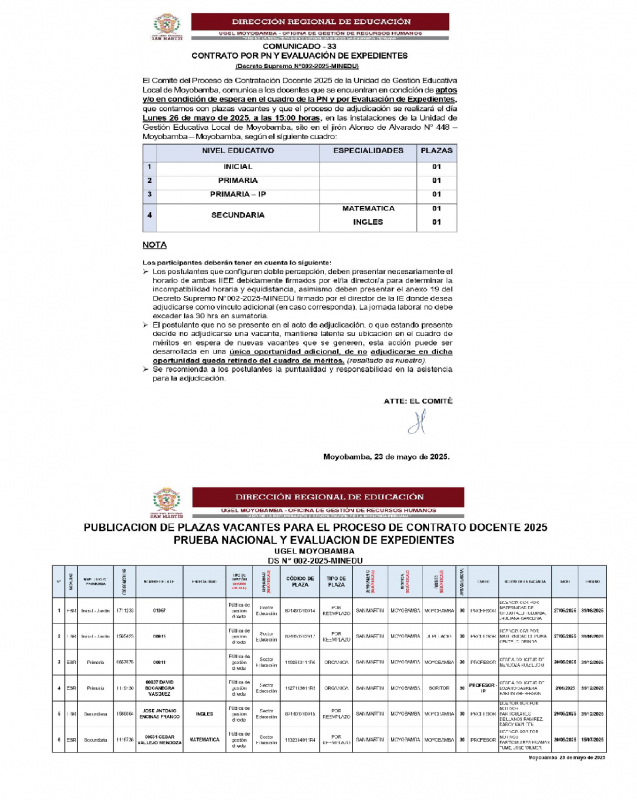 📌COMUNICADO - 33 CONTRATO POR PN Y EVALUACIÓN DE EXPEDIENTES