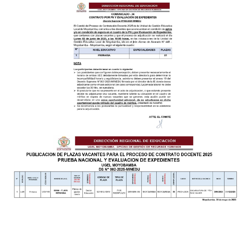 📌COMUNICADO - 34 CONTRATO POR PUN Y EVALUACIÓN DE EXPEDIENTES.