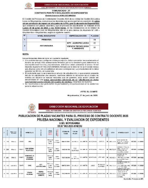 📌COMUNICADO - 37 CONTRATO POR PN Y EVALUACIÓN DE EXPEDIENTES