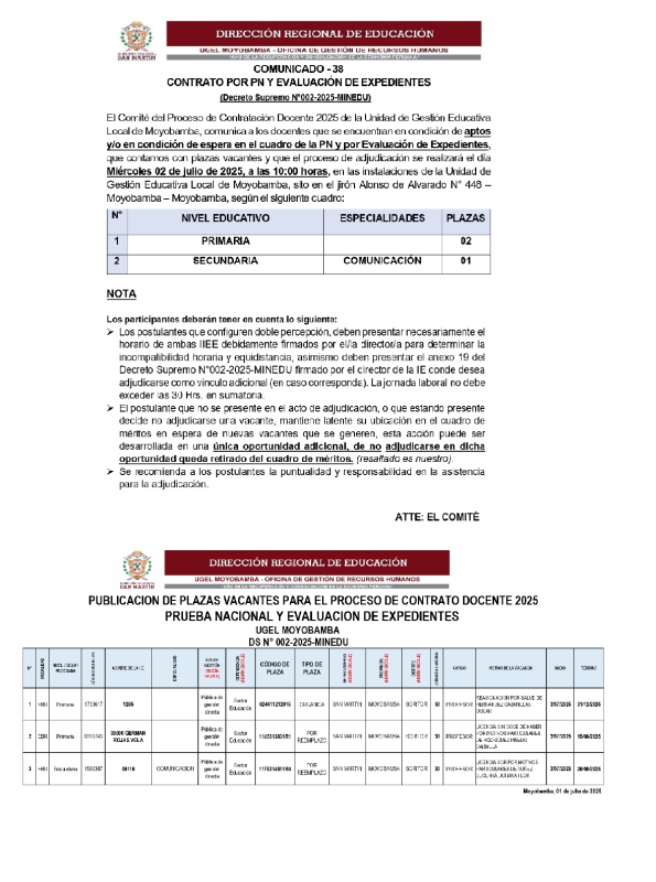 📌COMUNICADO - 38 CONTRATO POR PN Y EVALUACIÓN DE EXPEDIENTES.