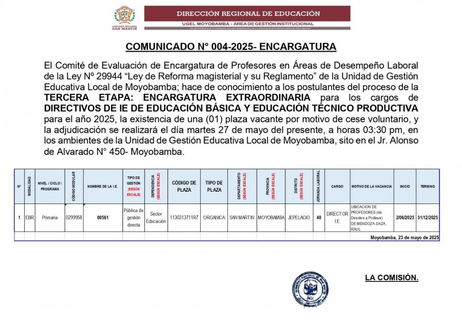 📌COMUNICADO N° 004-2025- ENCARGATURA
