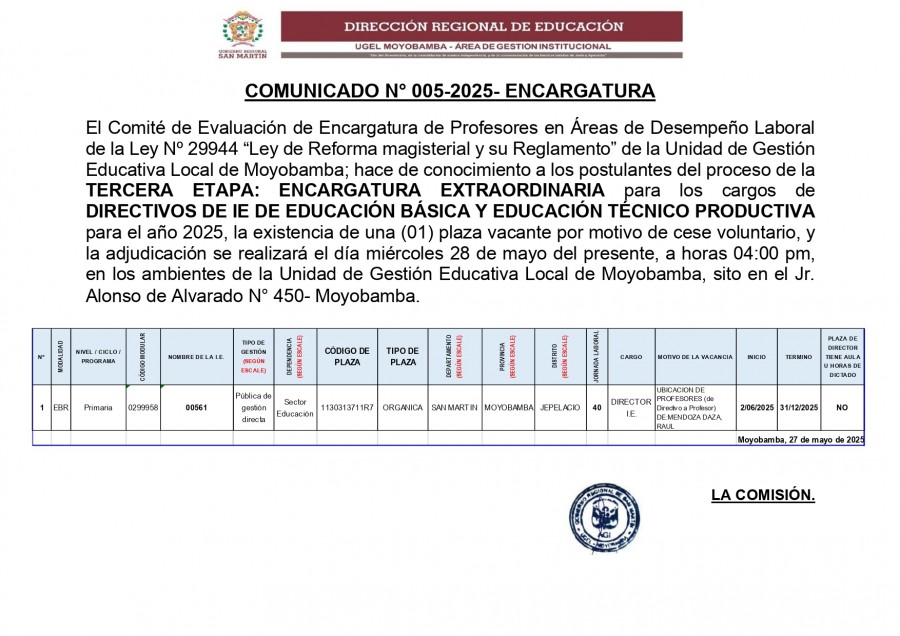 📌COMUNICADO N° 005-2025- ENCARGATURA.
