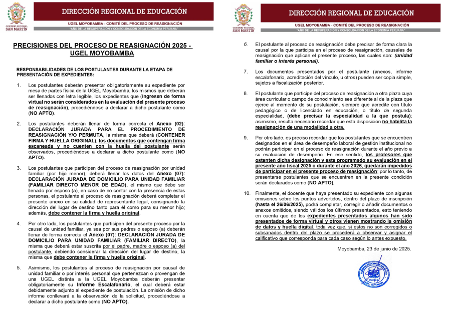 PRECISIONES DEL PROCESO DE REASIGNACIÓN 2025 - UGEL MOYOBAMBA